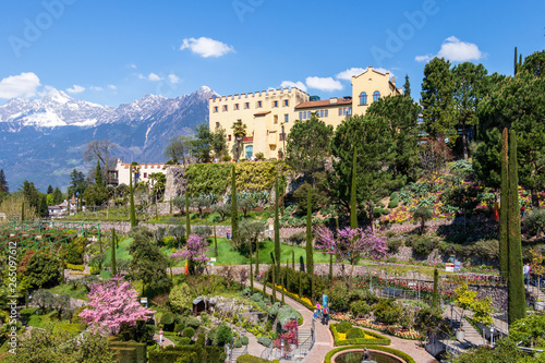 Panoramic view on Castle and botanical gardens of Trauttmansdorff in a Alps landscape of Meran. Merano, Province Bolzano, South Tyrol, Italy.