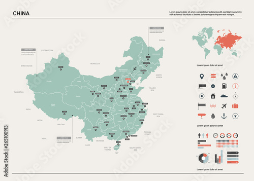 Vector map of China. High detailed country map with division, cities and capital Beijing. Political map, world map, infographic elements.
