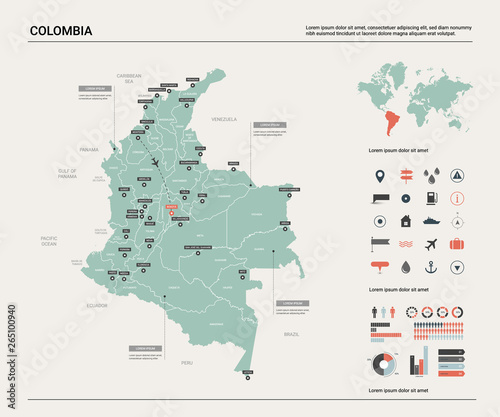 Vector map of Colombia. High detailed country map with division, cities and capital Bogota. Political map, world map, infographic elements.