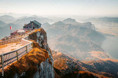 Schafberg mountain summit view at sunset, Austria