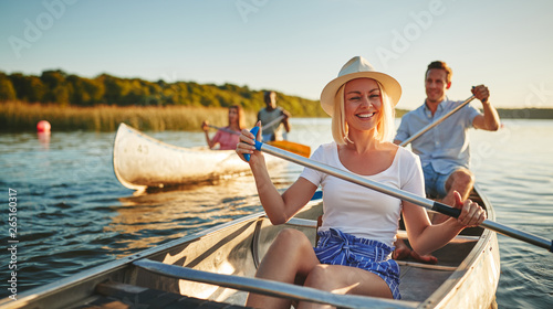 Laughing young woman canoeing with friends on a sunny afternoon
