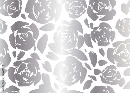 Abstract hand painted roses silhouettes with silver foil effect. Seamless vector pattern.