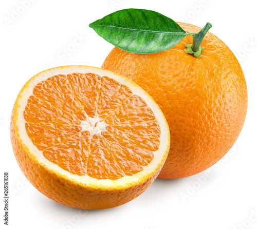 Orange fruit with green leaf and orange slice. File contains clipping path.