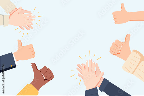 Human hands clapping. Applaud hands. Vector illustration in flat style. Many Hands clapping ovation and thumps up