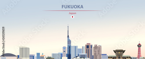 Vector illustration of Fukuoka city skyline on colorful gradient beautiful daytime background