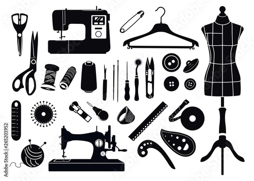 Set of silhouettes of items for sewing. Monochrome.Tailor. Vector