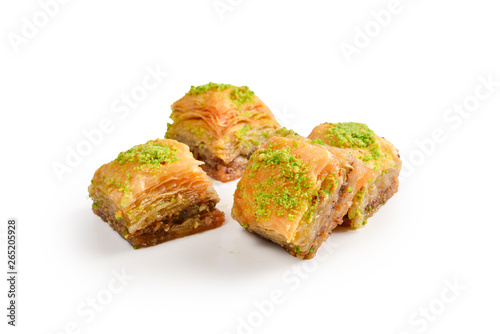 Pistachio baklava on a white background. Dessert.