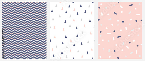 Set of 3 Geometric Seamless Vector Pattern with Chevron, Triangles and Dots. Pink, White and Gray Zigzags Isolated on a Blue Background.Simple Lovely Confetti Rain on a Pink.Tiny Triangles on a White.