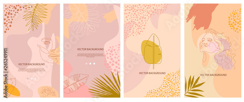 Set of abstract background with tropical elements, shapes and girl portrait in one line style. Background for mobile app page minimalistic style. Vector illustration