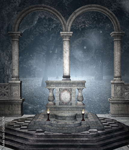 Ancient altar in the blue forest – 3D illustration