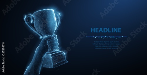Hand with Trophy cup. Abstract vector 3d trophy isolated on blue background. Champions award, sport victory concept.