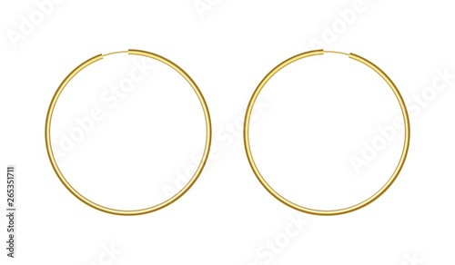 Round golden earrings mockup isolated on white background.