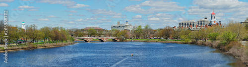 Panoramic View of Charles River and Red, Green and Blue Domes of Harvard University Buildings