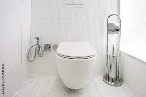 toilet and detail of a corner shower bidet with wall mount shower attachment