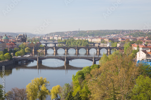 City Prague, Czech Republic. View from the mountain to the river and bridges. Spring. 2019. 24. April.