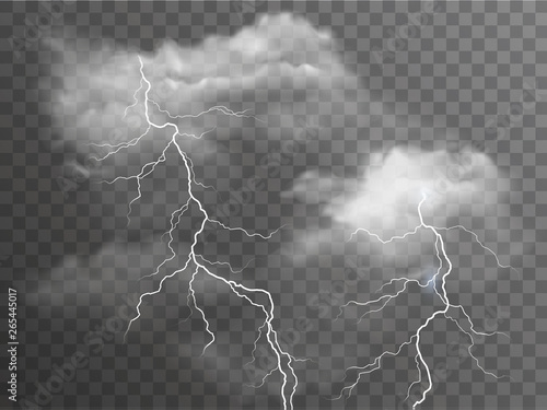 Vector realistic stormy clouds with lightning effects isolated on dark background