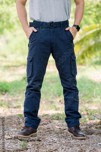 Model wearing blue color cargo pants or cargo trousers