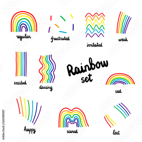 Rainbow set hand drawn illustration. Different emotions and feelings in cartoon style