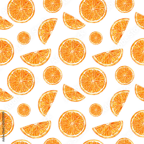 Citrus seamless pattern made of orange slices, hand drawn botanical illustration isolated on white.