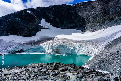 Glacier melting in Norway. Global warming effect on cold environment. Jotunheimen National Park. Glacial lake in front of glacier.