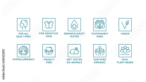 Vector set of design elements, logo design templates, icons and badges for natural and organic cosmetics in trendy linear style - cruelty free