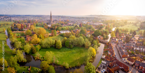 Aerial view of Salisbury cathedral in the spring morning