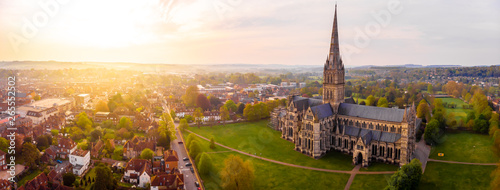 Aerial view of Salisbury cathedral in the spring morning