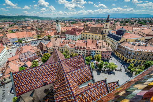 Holy Trinity Church and Council Tower in Sibiu city, view from the bell tower of St Mary Cathedral, Romania