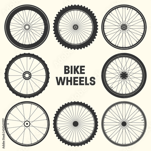 Bicycle wheel symbol vector illustration. Bike rubber mountain tyre, valve. Fitness cycle, mtb, mountainbike.