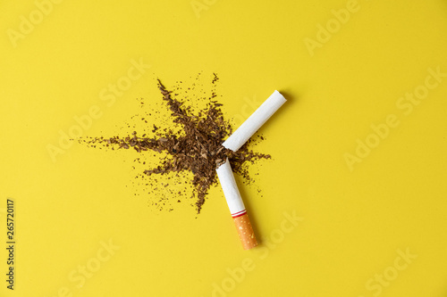 Close up cigarette broken tobacco blast spread on yellow pastel background with light side and little shadow. No and quitting smoking concept.
