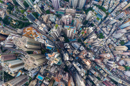 Drone fly over Hong Kong cityscape