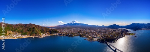 Panorama of aerial view Fuji mountain and kawaguchiko lake in Japan.