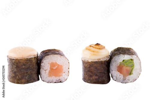 Classic sushi roll. Sushi at white background. Japanese seafood sushi , roll a white background. Close-up.