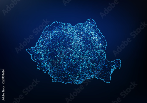 Abstract of romania map network, internet and global connection concept, Wire Frame 3D mesh polygonal network line, design sphere, dot and structure. Vector illustration eps 10.