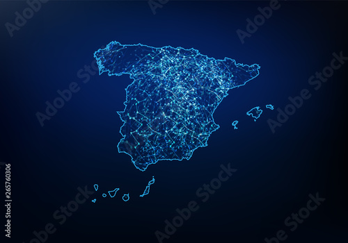 Abstract of spain map network, internet and global connection concept, Wire Frame 3D mesh polygonal network line, design sphere, dot and structure. Vector illustration eps 10.
