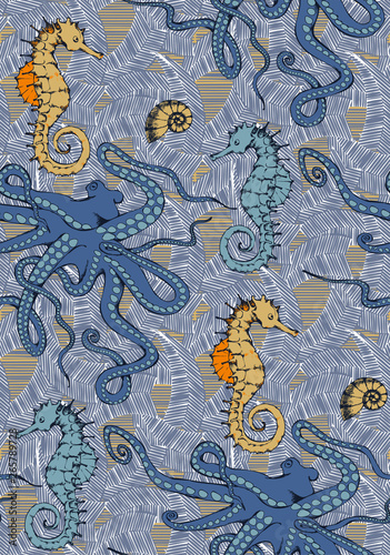 Pattern of seahorse and sea voyages. Vector illustration. Suitable for fabric, wrapping paper and the like