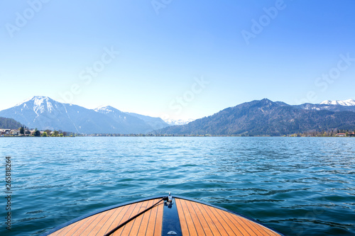 From bow of boat, a look of Tegernsee and mountains in Bayern, Germany