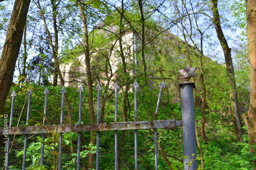 Fragment starego metalowego płotu z gwiazdą davida na tle zieleni i synagogi 1