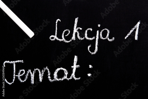 Colorful chalk drawing on a chalkboard. Polish words: Lesson number and lesson topic.