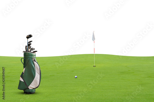 golf equipment on green and hole on white background.