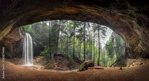 Inside Ash Cave Panorama - Located in the Hocking Hills of Ohio, Ash Cave is an enormous sandstone recess cave adorned with a beautiful waterfall after spring rains.