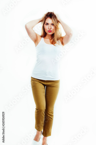 young pretty stylish hipster girl posing emotional isolated on white background happy smiling cool smile, lifestyle people concept close up