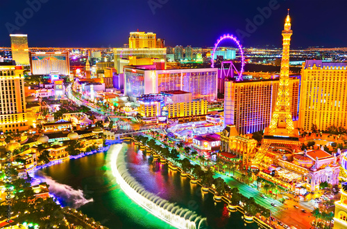 View of the Las Vegas Boulevard at night with lots of hotels and casinos in Las Vegas.