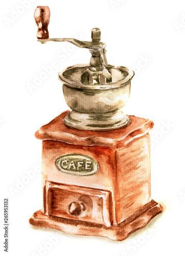 classic vintage coffee grinder isolated watercolor illustration