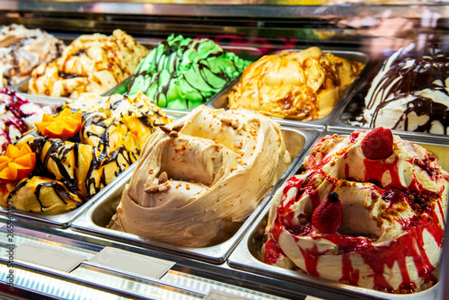 Ice cream in Rome, Italy. Italian gelateria. Ice-cream cafe, show window with sweeties.