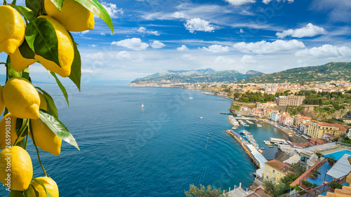 Daylight aerial view of cliff coastline Sorrento and Gulf of Naples in Southern Italy