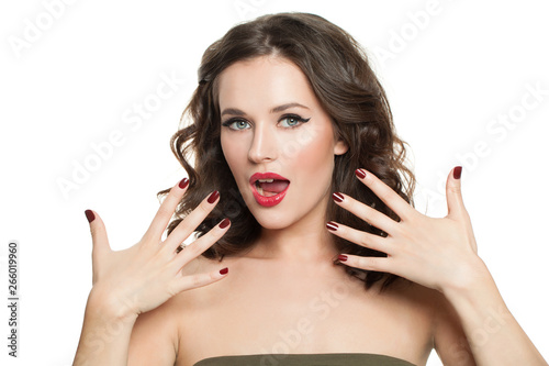 Attractive woman with makeup and manicured nails isolated on white background