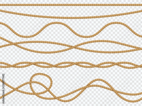 Realistic fiber ropes. Curve rope nautical cord straight lasso marine border brown jute twine natural tied packthread. Vector decor
