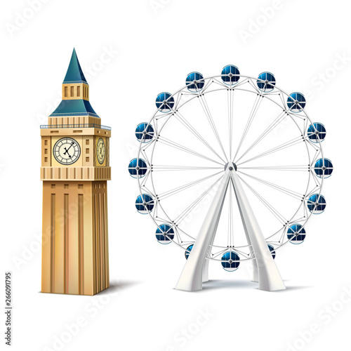 Vector realistic ferris wheel london eye big ben