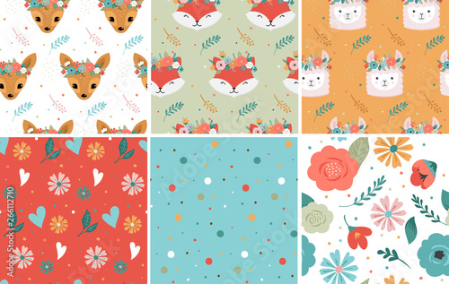 Cute animals heads with flower crown, vector seamless pattern design for nursery, poster, birthday greeting cards. Panda, llama, fox, coala, cat, dog, racoon and bunny